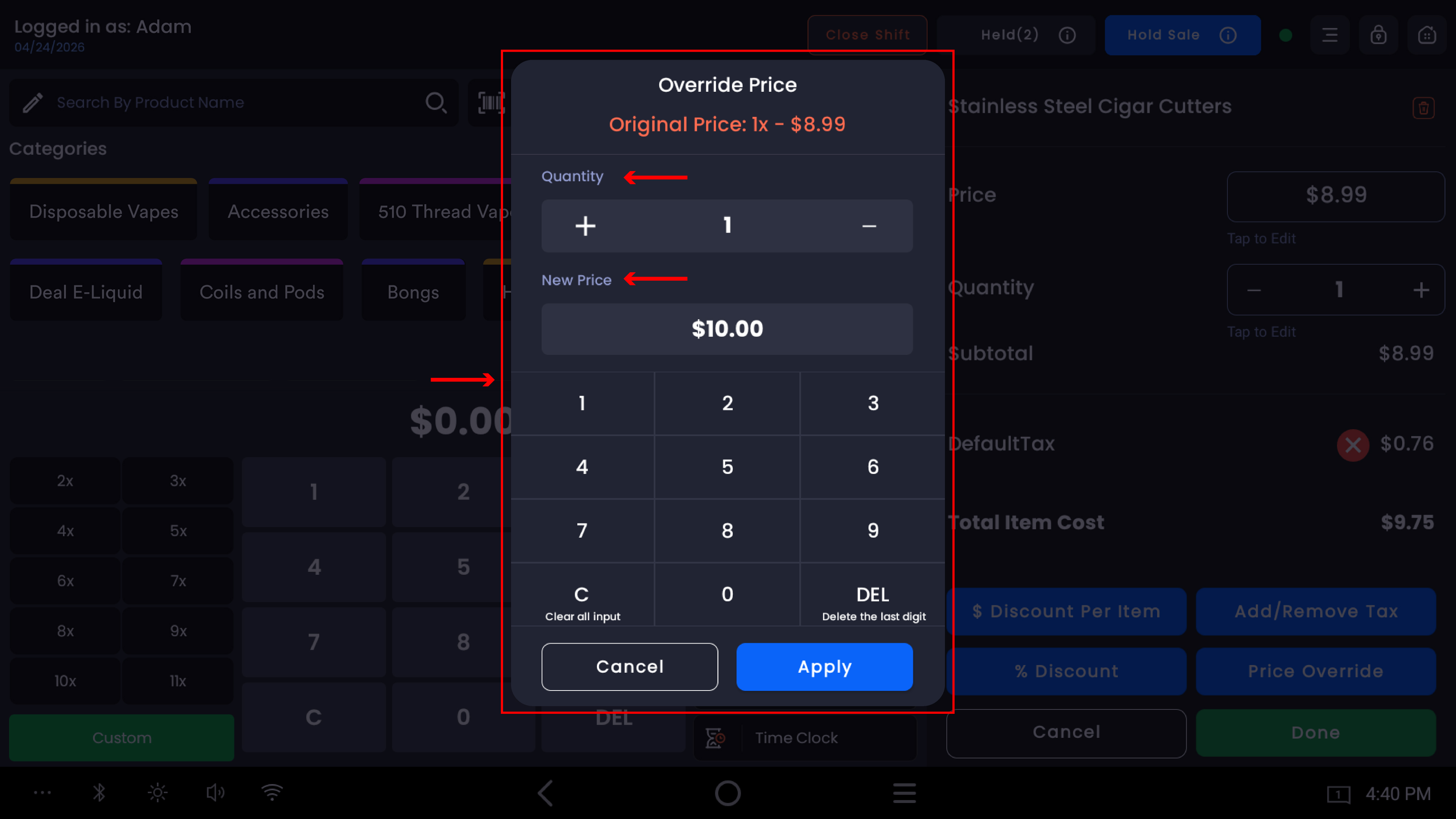 1_A popup titled -Override Price- appears, showing the Original Price (e.g. 1x — $5.99)-20260527-073216.jpg